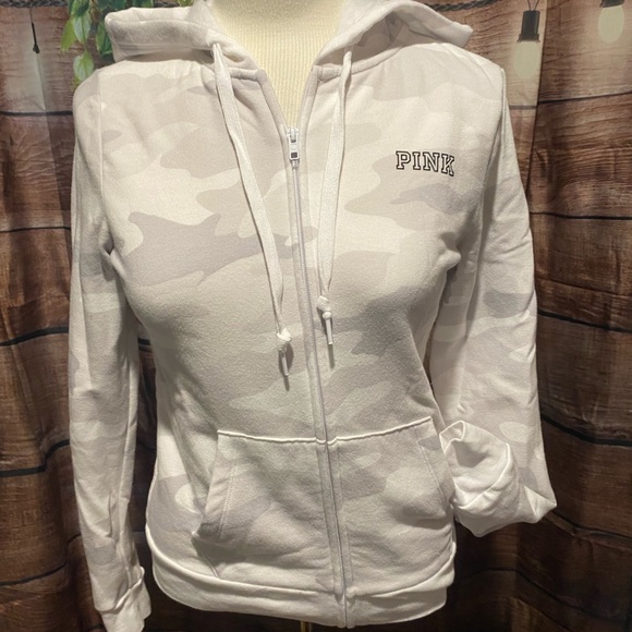 PINK Victoria Secret White & Gray Zip Up Hoodie - Picture 2 of 14